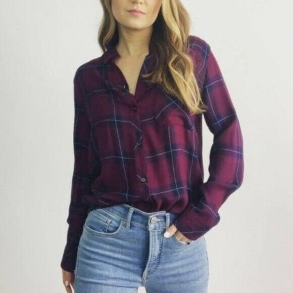 Rails Tops - Rails Hunter Shirt Merlot Navy Plaid Flannel Rayon Long Sleeve Womens Medium